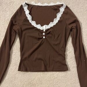Brown Lace Trim Henley Top